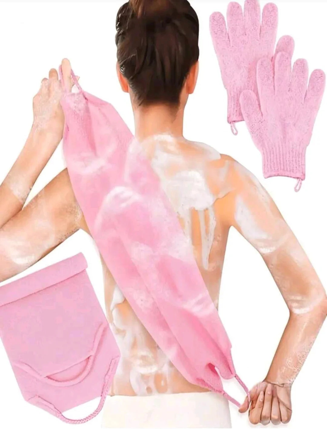 Person exfoliating back with pink body scrub towel, exfoliating gloves, and scrub pouch