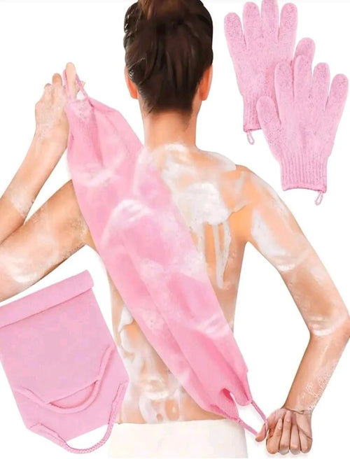 Person exfoliating back with pink body scrub towel, exfoliating gloves, and scrub pouch