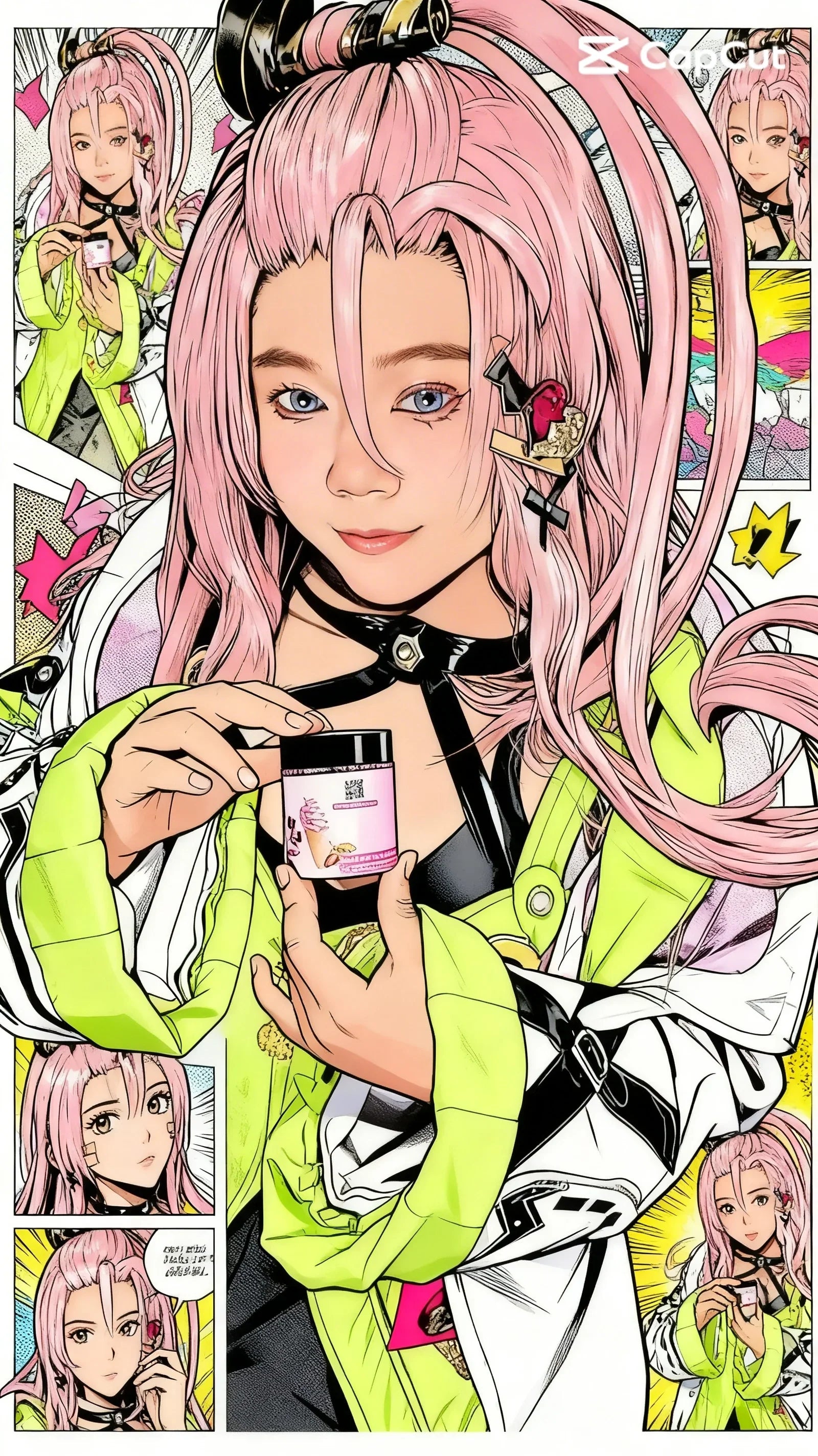 Anime-style character with pink hair holding bubble gum body scrub jar, bright comic layout