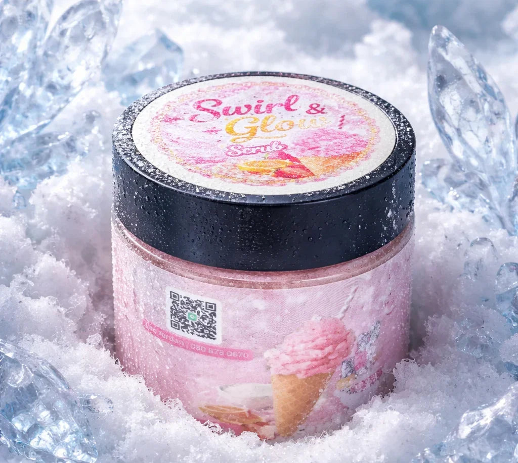 Bubble gum body scrub jar with pink label and ice cream design, frosted in snow and ice.