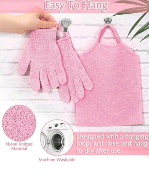 Pink nylon exfoliating gloves and body scrub towel with hanging loops, easy to hang and machine washable.