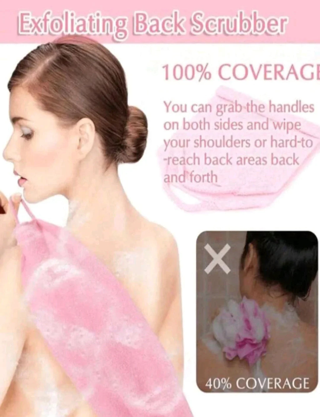 Woman using a pink exfoliating back scrubber in shower, showing full back coverage